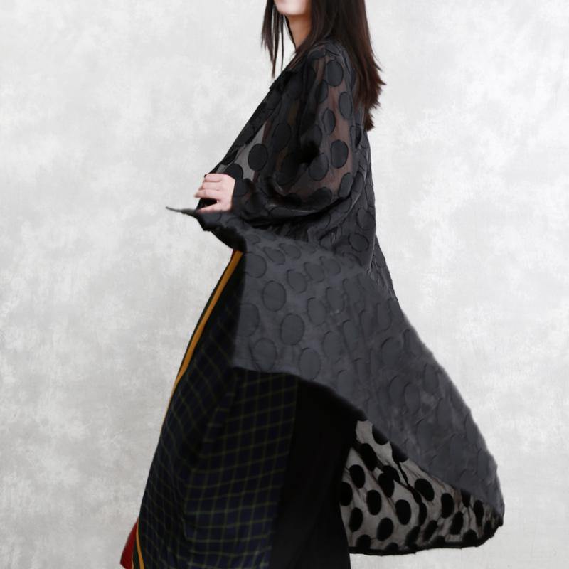 2019 black dotted Jacquard coats plus size Turn-down Collar outwear fine long sleeve pockets long coat