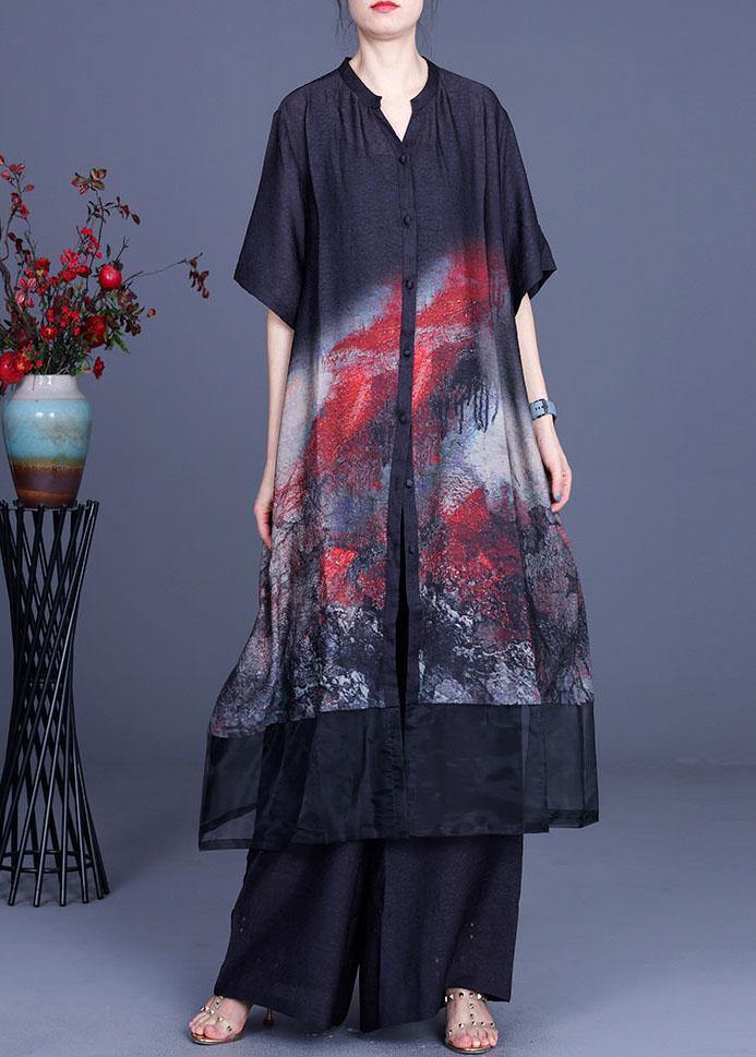 2021 Black Print Cardigan + Wide Leg Pants Two Piece Set