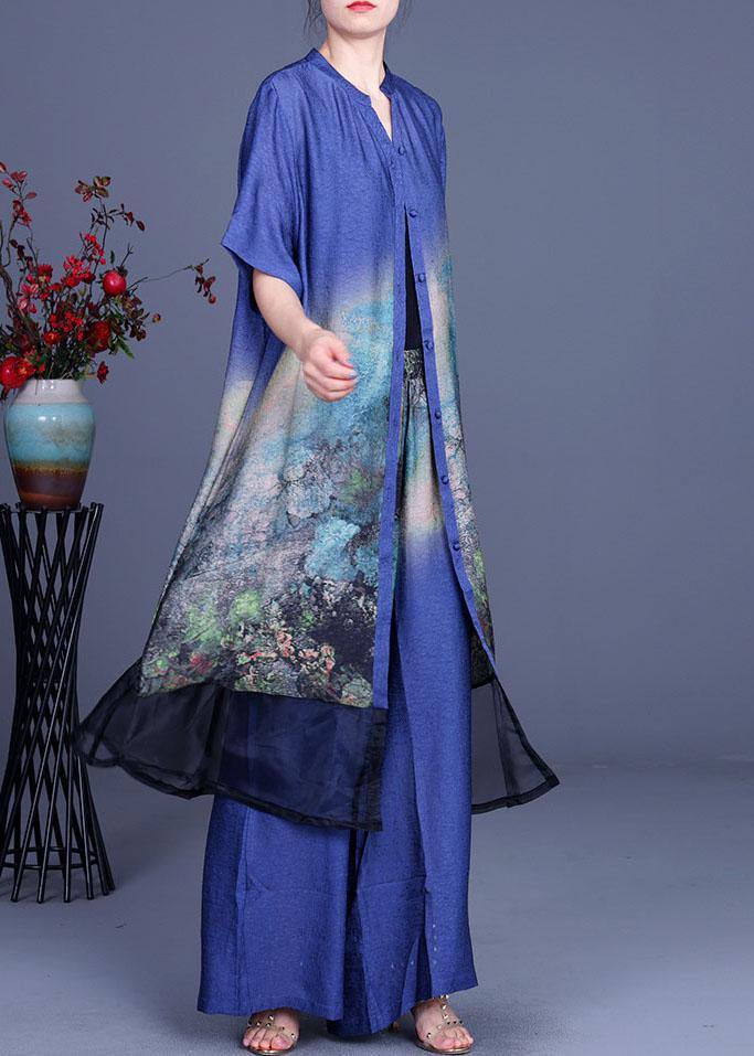 2021 Black Print Cardigan + Wide Leg Pants Two Piece Set