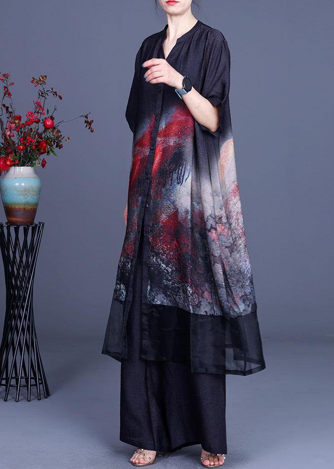 2021 Black Print Cardigan + Wide Leg Pants Two Piece Set
