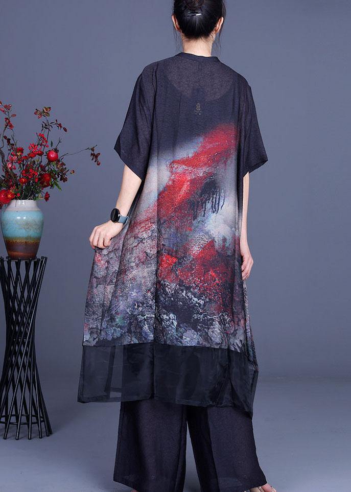 2021 Black Print Cardigan + Wide Leg Pants Two Piece Set