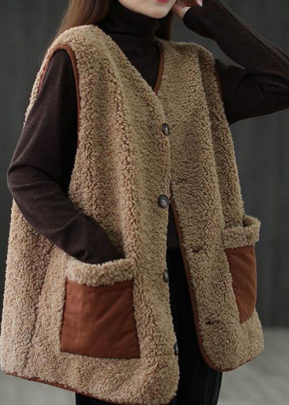 Art Khaki Button Pockets Fall Thick Faux Fur Waistcoat Vest