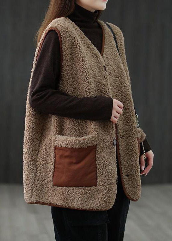 Art Khaki Button Pockets Fall Thick Faux Fur Waistcoat Vest