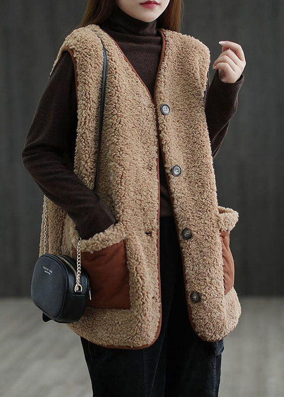 Art Khaki Button Pockets Fall Thick Faux Fur Waistcoat Vest