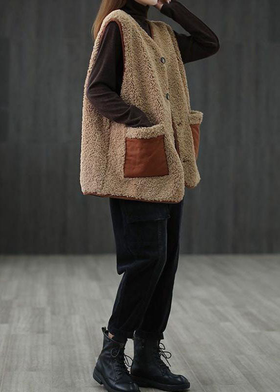 Art Khaki Button Pockets Fall Thick Faux Fur Waistcoat Vest