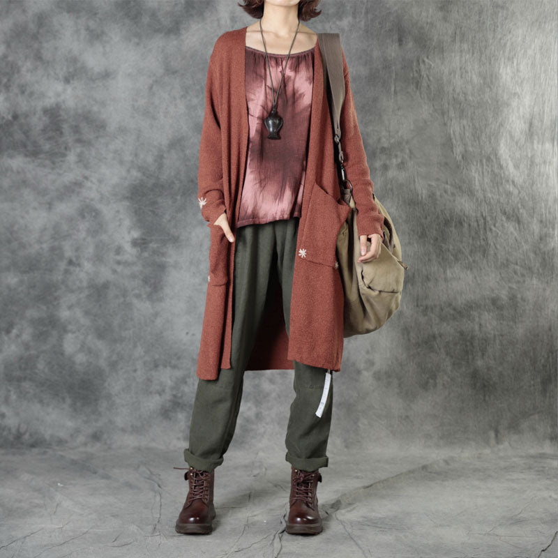 Bohemian Brick Red Knit Pockets Embroidered Fall Cardigan Long sleeve