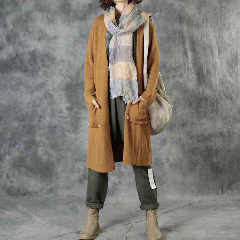Bohemian Brick Red Knit Pockets Embroidered Fall Cardigan Long sleeve