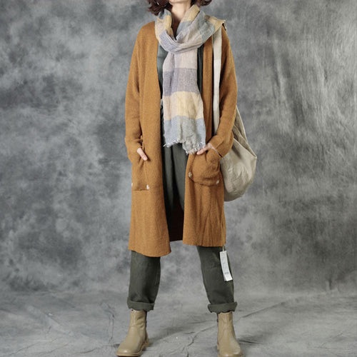 Bohemian Brick Red Knit Pockets Embroidered Fall Cardigan Long sleeve