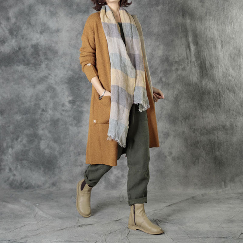 Bohemian Brick Red Knit Pockets Embroidered Fall Cardigan Long sleeve