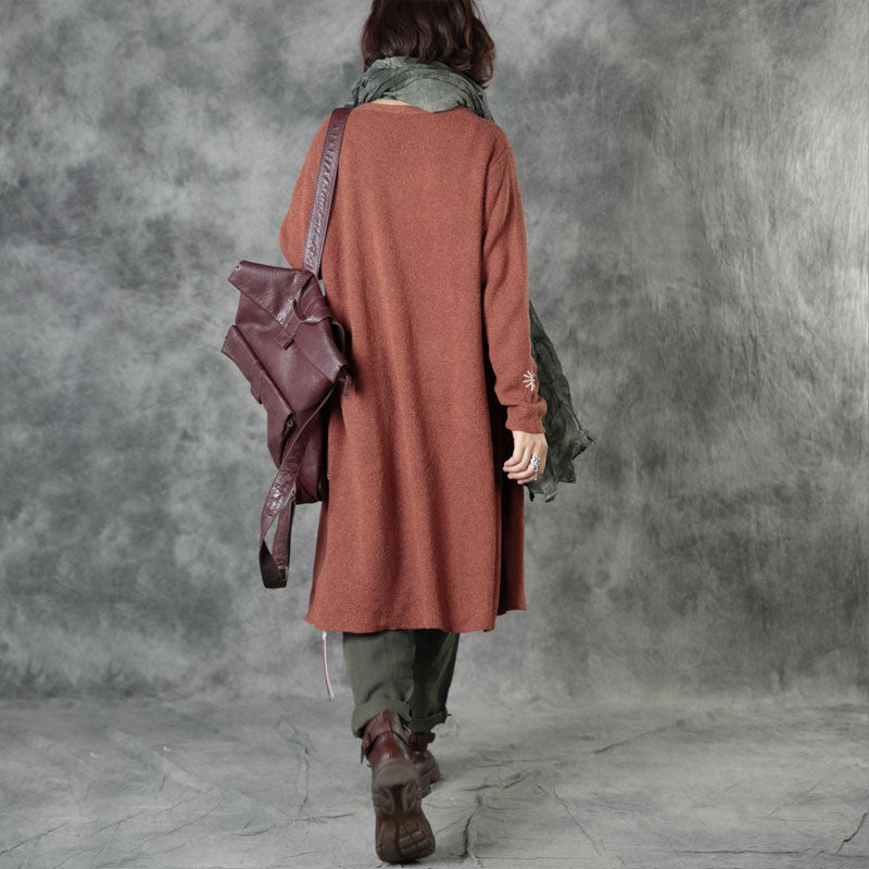 Bohemian Brick Red Knit Pockets Embroidered Fall Cardigan Long sleeve