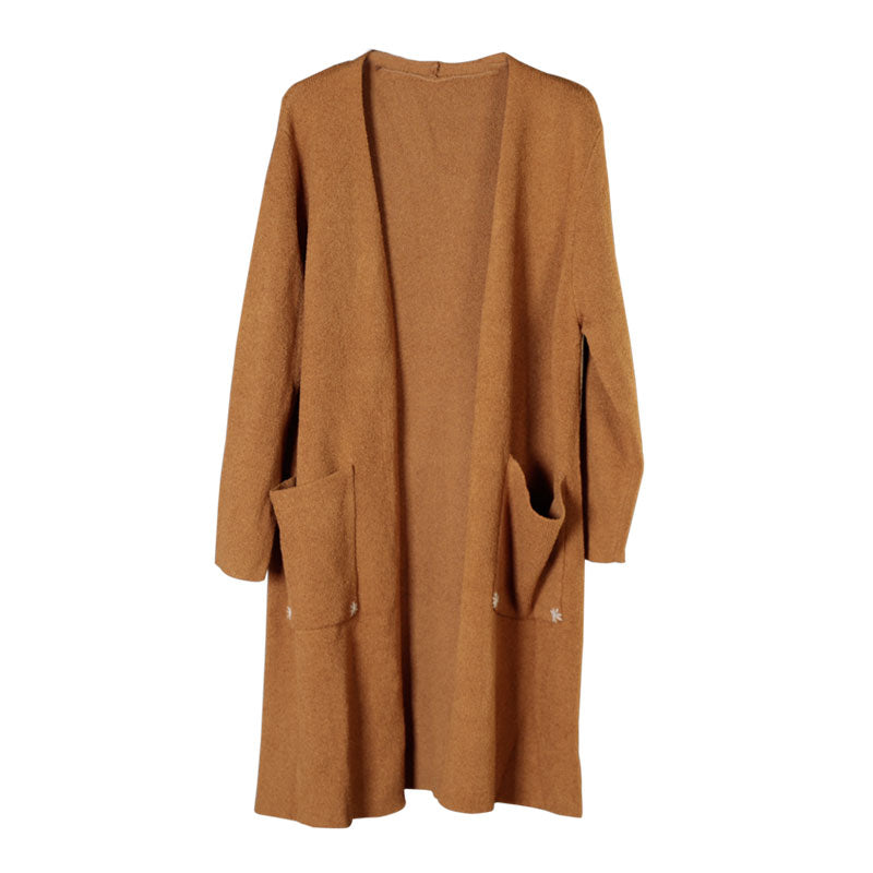 Bohemian Brick Red Knit Pockets Embroidered Fall Cardigan Long sleeve