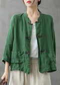Boutique Green Stand Collar Embroidered Patchwork Linen Coat