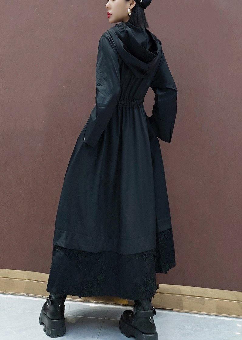 DIY Black Embroidery Plus Size Tunic Coats Inspiration Hooded Spring Coat