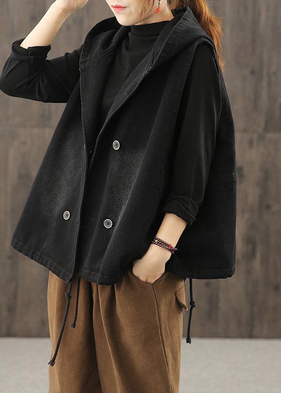 Denim Black Waistcoat 2021 Autumn Loose Large Size Tooling Double Breasted Hooded Vest