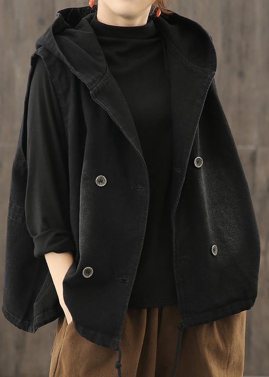 Denim Black Waistcoat 2021 Autumn Loose Large Size Tooling Double Breasted Hooded Vest