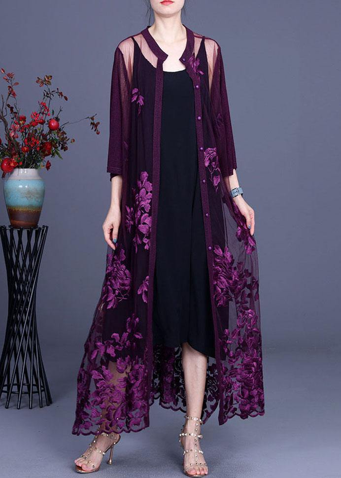 Elegant Purple tulle Embroidered Cardigans Two Piece Set Women Clothing