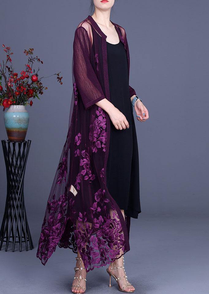 Elegant Purple tulle Embroidered Cardigans Two Piece Set Women Clothing