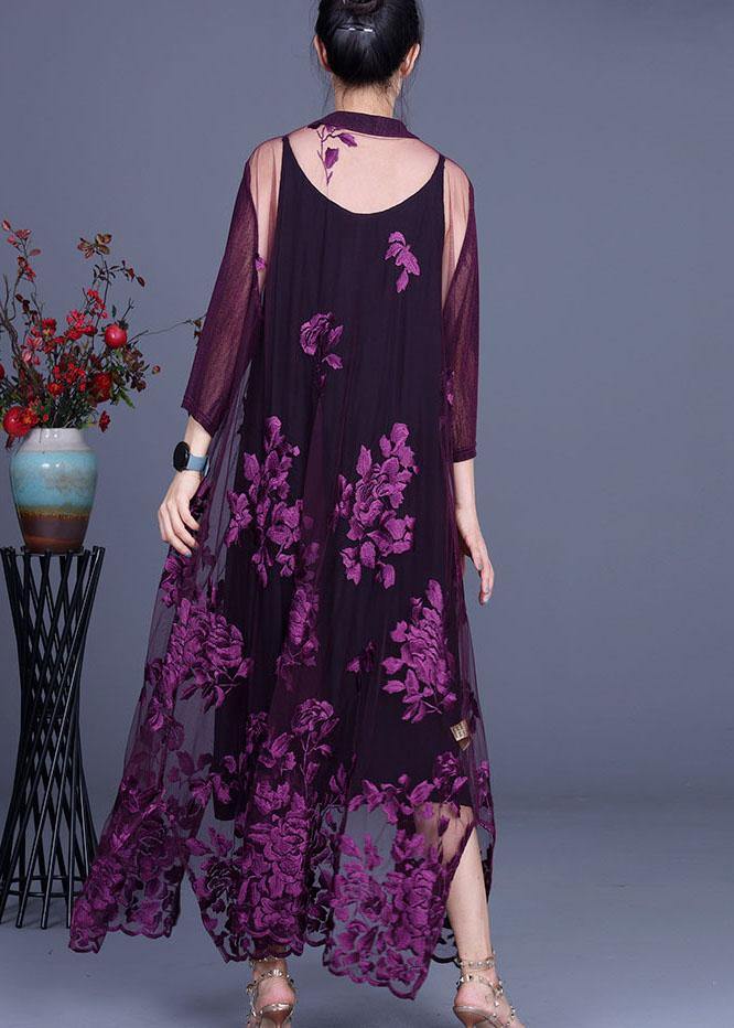 Elegant Purple tulle Embroidered Cardigans Two Piece Set Women Clothing