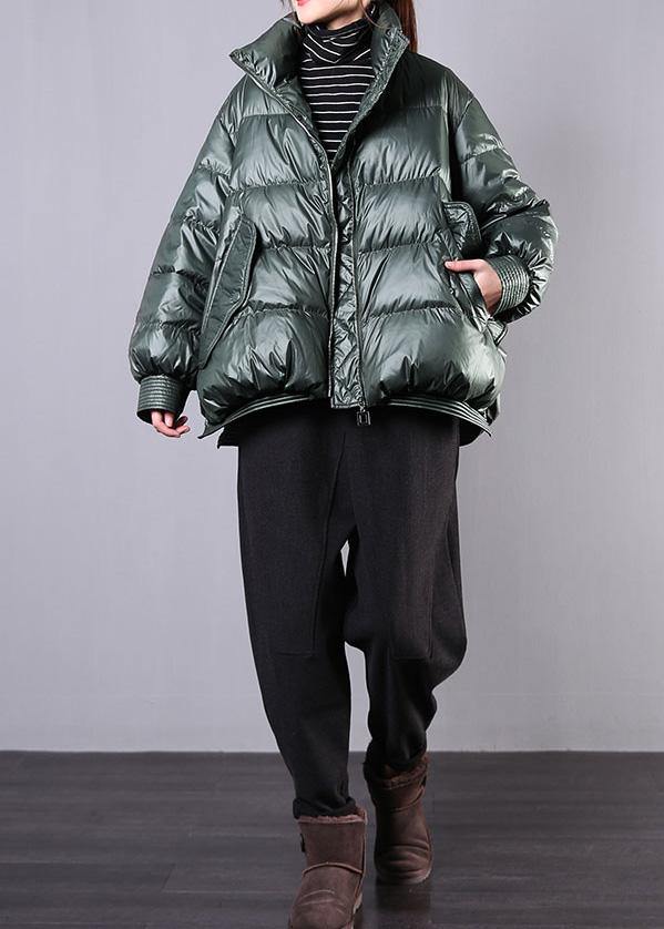 Elegant blackish green warm winter coat trendy plus size stand collar zippered Casual Jackets