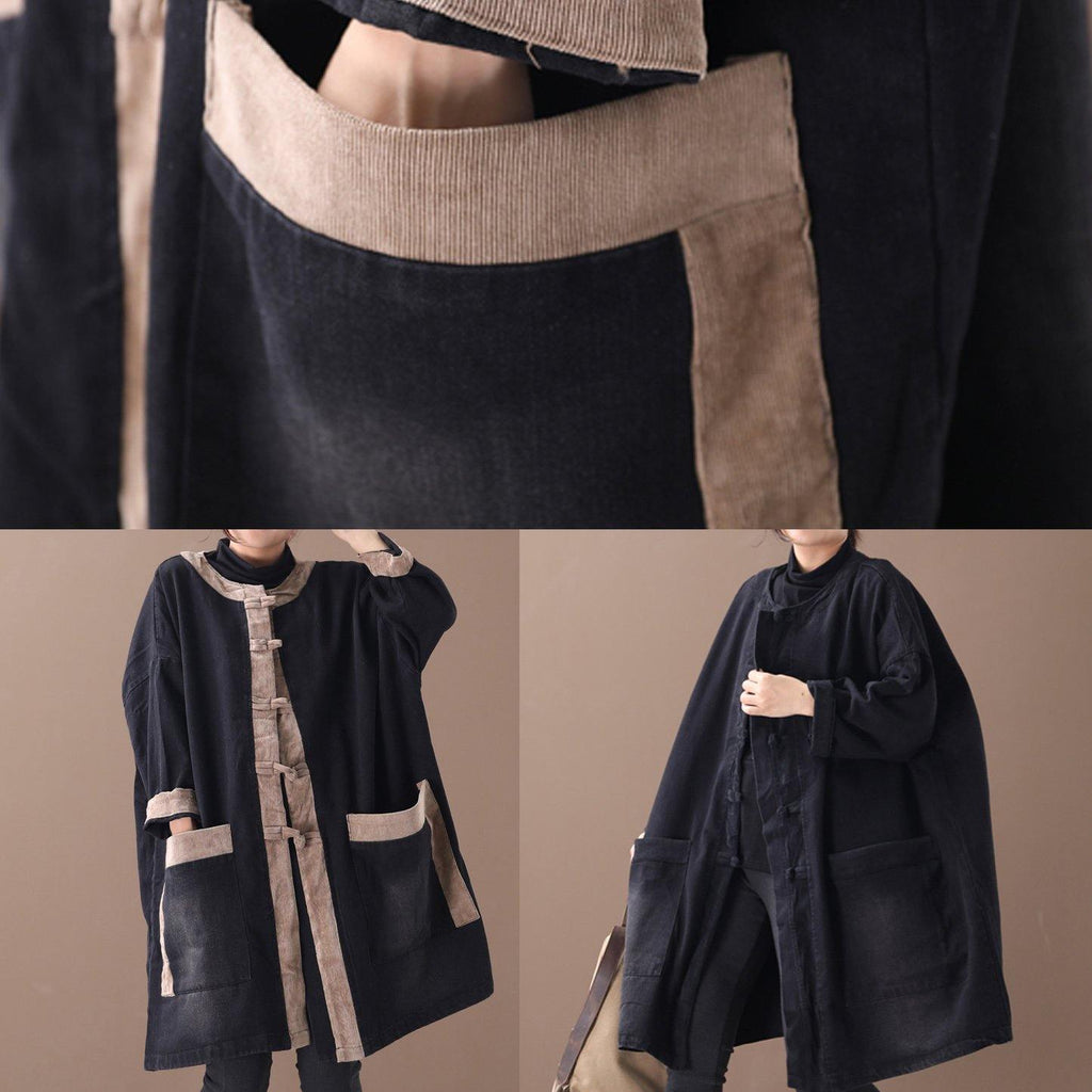 エレガントなフード付き中国ボタンファッション服デニムブラックパッチワークカーキプラスサイズ服コート