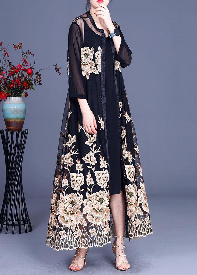 Fine Apricot Retro Embroidered Summer Tulle Cardigan
