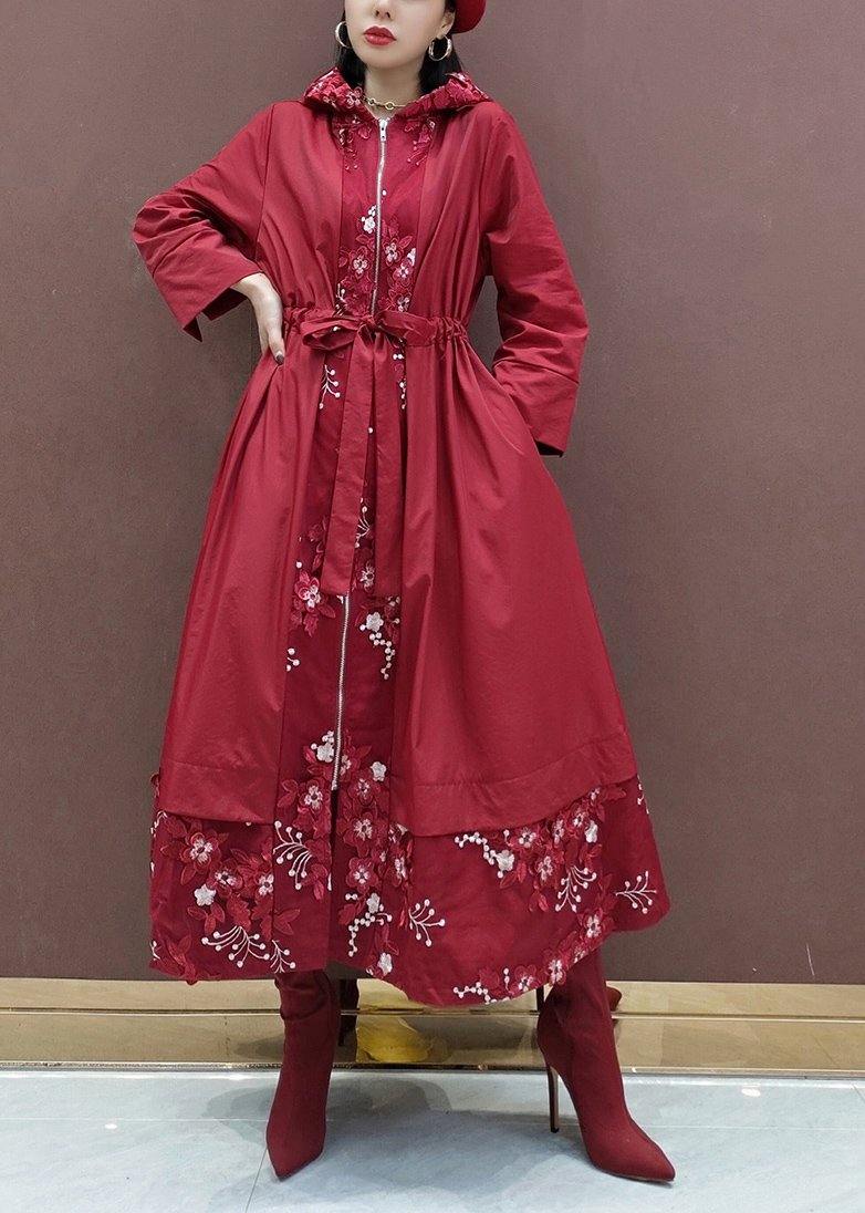 French Hooded Fine Spring Clothes For Women Red Embroidery Art Coats