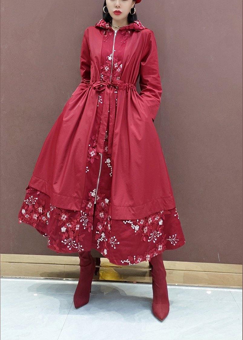 French Hooded Fine Spring Clothes For Women Red Embroidery Art Coats