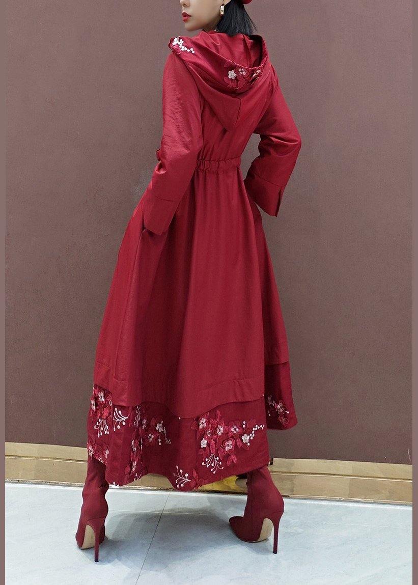 French Hooded Fine Spring Clothes For Women Red Embroidery Art Coats