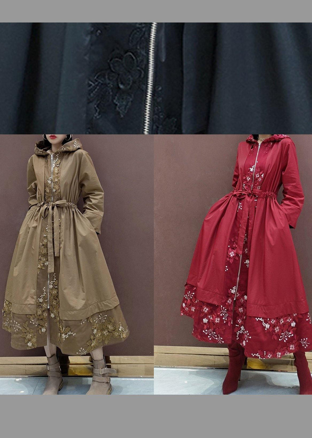 French Hooded Fine Spring Clothes For Women Red Embroidery Art Coats