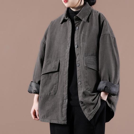 French gray Plus Size maxi coat Cotton lapel Button Down spring jackets