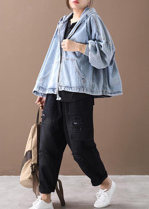 Modern hooded zippered for women light blue loose coats