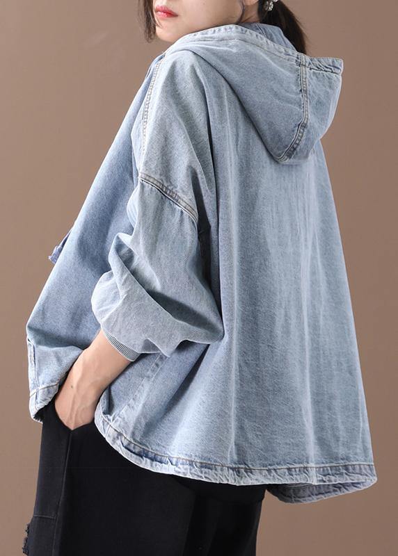Modern hooded zippered for women light blue loose coats