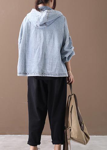 Modern hooded zippered for women light blue loose coats