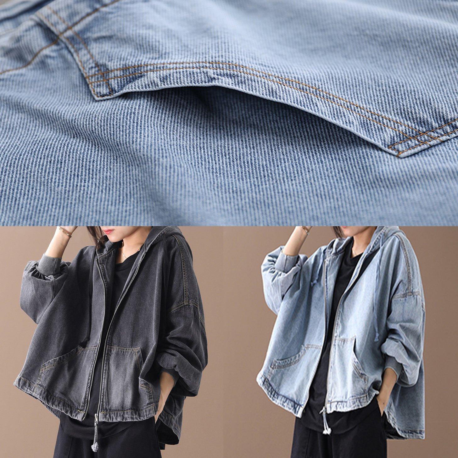 Modern hooded zippered for women light blue loose coats
