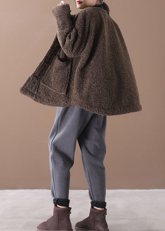 Plus Size Chocolate O-Neck Pockets Casual Fall Winter Thick Coats Long sleeve