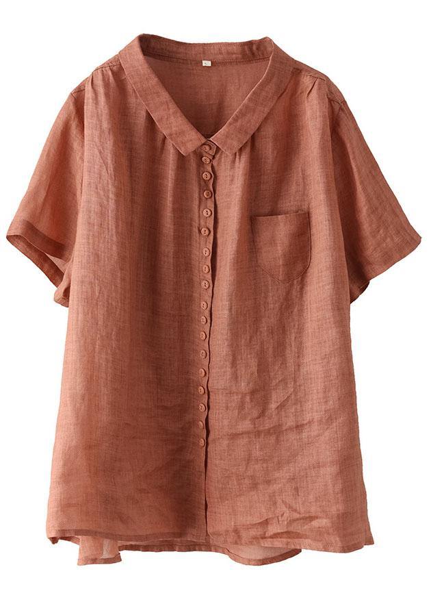 Plus Size Orange Peter Pan Collar Pockets Patchwork Ramie Cardigan