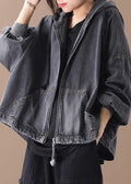 Simple black Fine tunics for women Neckline hooded zippered women coats