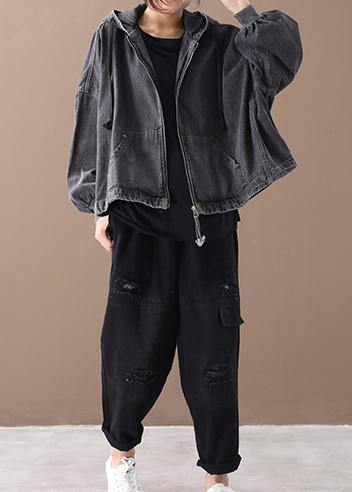 Simple black Fine tunics for women Neckline hooded zippered women coats