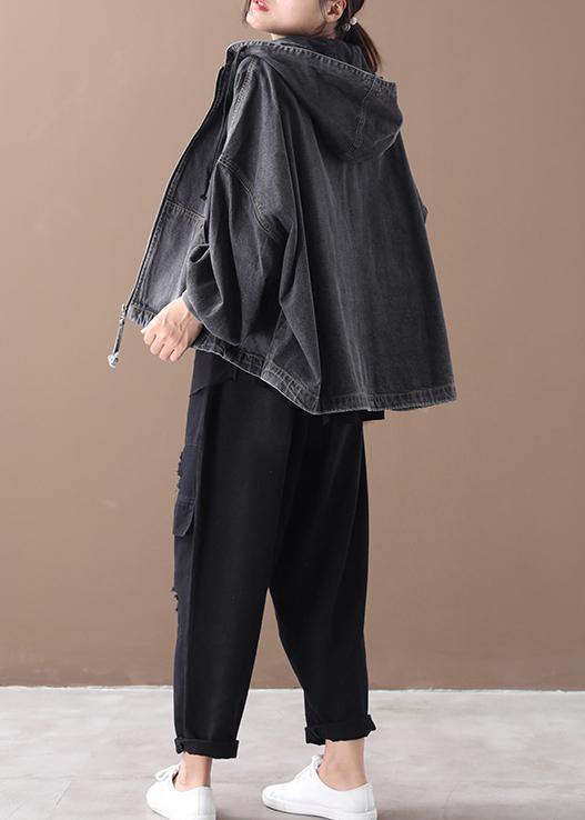 Simple black Fine tunics for women Neckline hooded zippered women coats