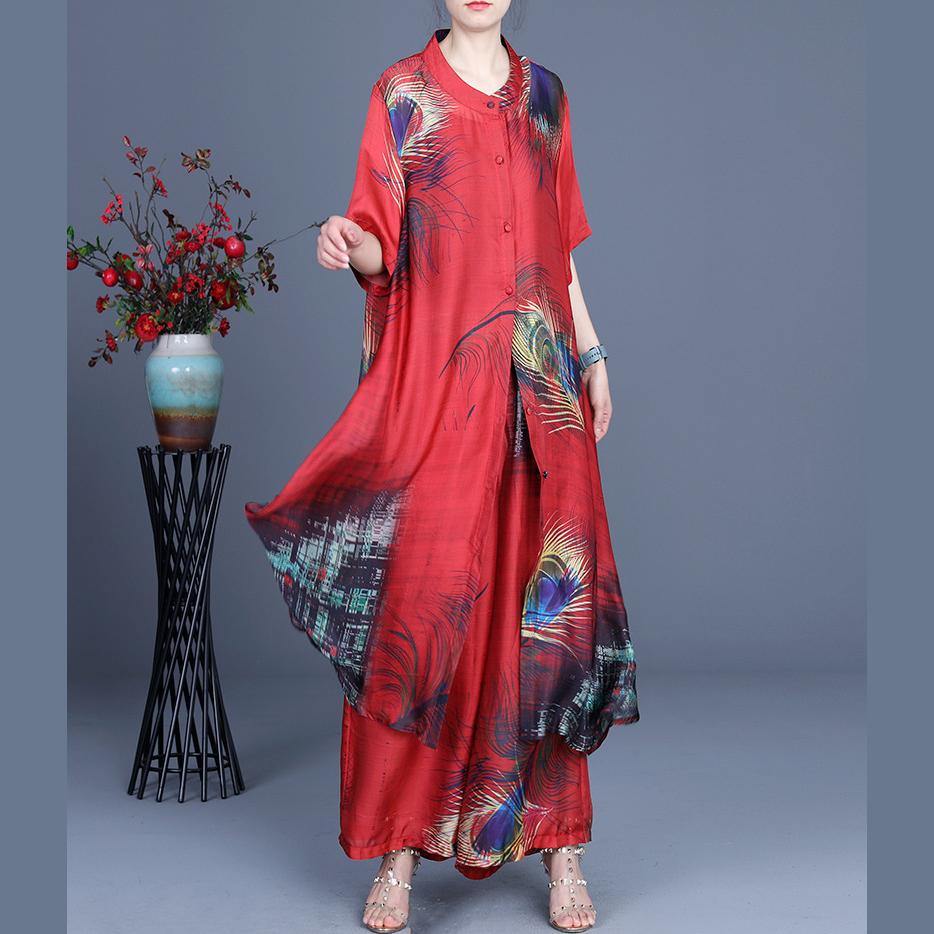 Summer 2025 Loose Silk Red Print Coat + Two Piece Pants