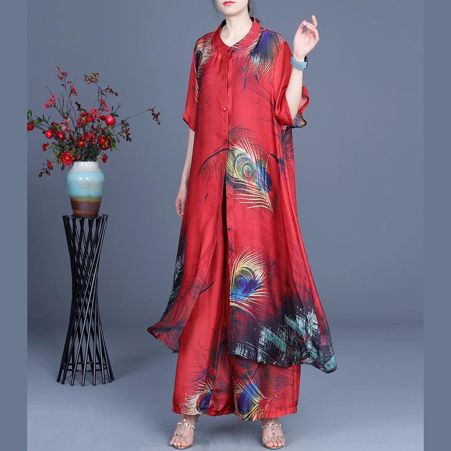 Summer 2025 Loose Silk Red Print Coat + Two Piece Pants