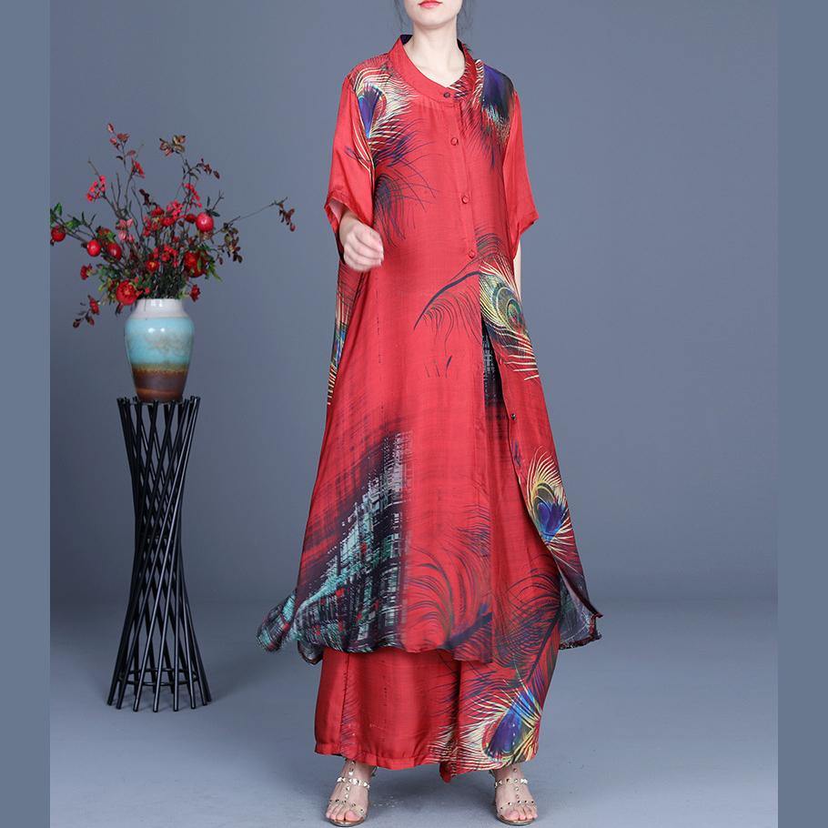 Summer 2025 Loose Silk Red Print Coat + Two Piece Pants
