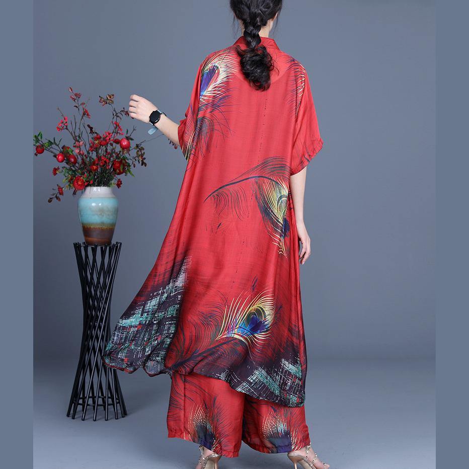 Summer 2025 Loose Silk Red Print Coat + Two Piece Pants