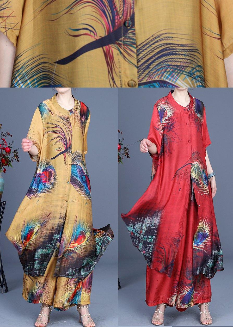 Summer 2025 Loose Silk Red Print Coat + Two Piece Pants