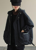 Unique Black Hooded Pockets Winter Cotton Coat Long sleeve