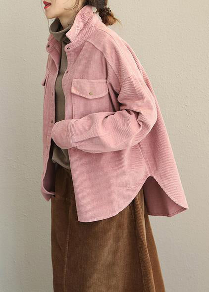 Vintage Pink and Gray Fall Loose Corduroy Short Coat For Women