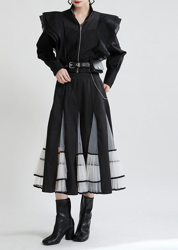 Vintage White Ruffles Zippered Patchwork Tulle Fall Long sleeve Coat