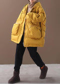 Warm Loose-fitting snow jackets drawstring hem outwear yellow hooded women short coats