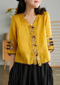 Women Yellow Casual Ramie Cardigan Embroidered Shirt