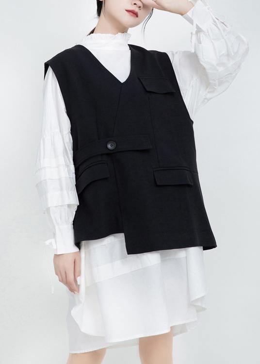 Women V Neck Fine Sleeveless Outwear Black Silhouette Women Coats